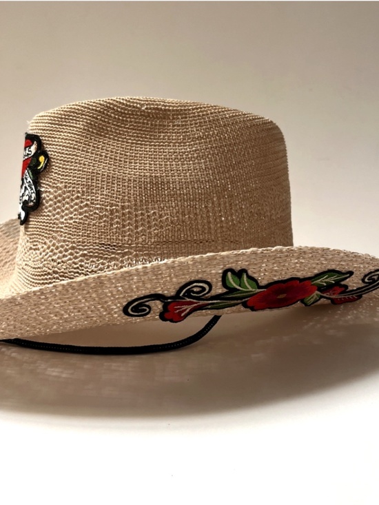Ed Hardy Cowboy Hat Skull Heart Red Floral Embroidered Straw Western OS NWT